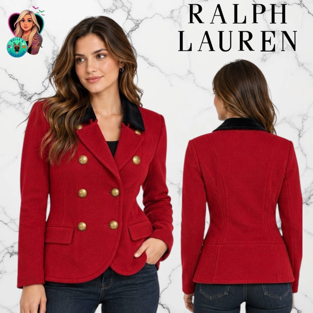 Ralph Lauren LRL Women's Small Red Knit Velvet Military Blazer Gold Buttons VTG
